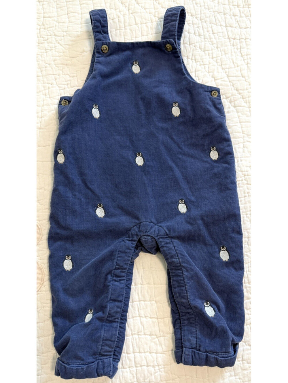 Janie and Jack Baby 6-12 Months Blue Corduroy Overall Romper Embroidered Penguin